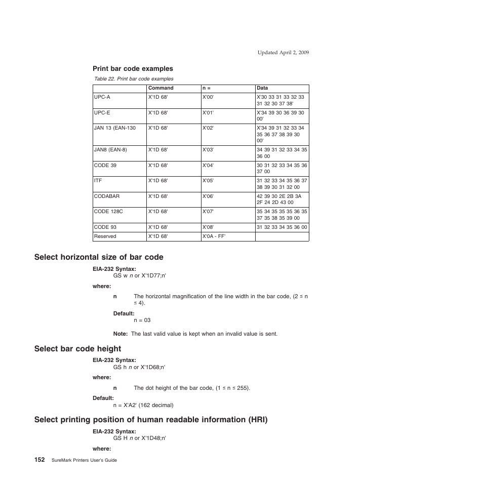 Print bar code examples, Select horizontal size of bar code, Select bar code height | IBM SUREMARK TI8 User Manual | Page 174 / 244