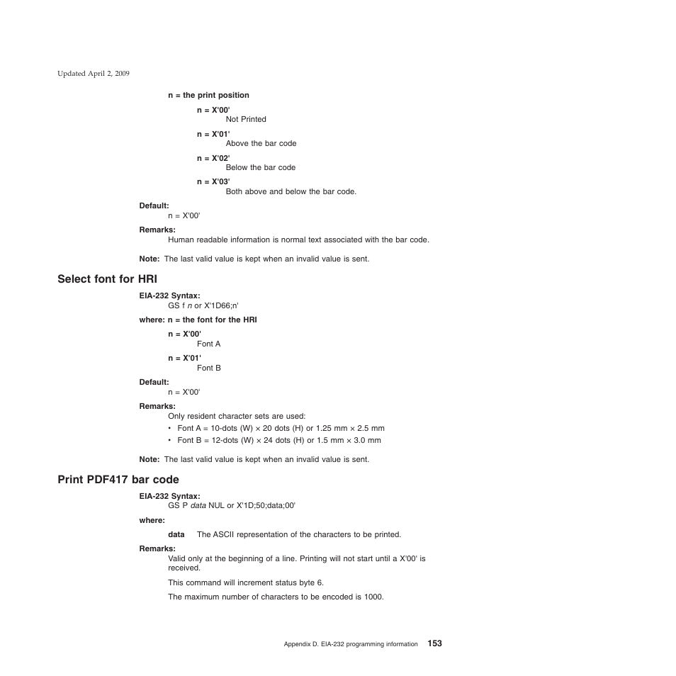 Select font for hri, Print pdf417 bar code, Select font for hri print pdf417 bar code | IBM SUREMARK TI8 User Manual | Page 175 / 244