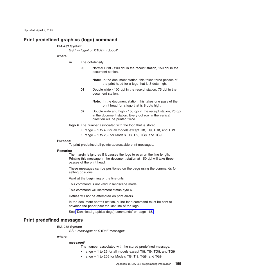 Print predefined graphics (logo) command, Print predefined messages | IBM SUREMARK TI8 User Manual | Page 181 / 244