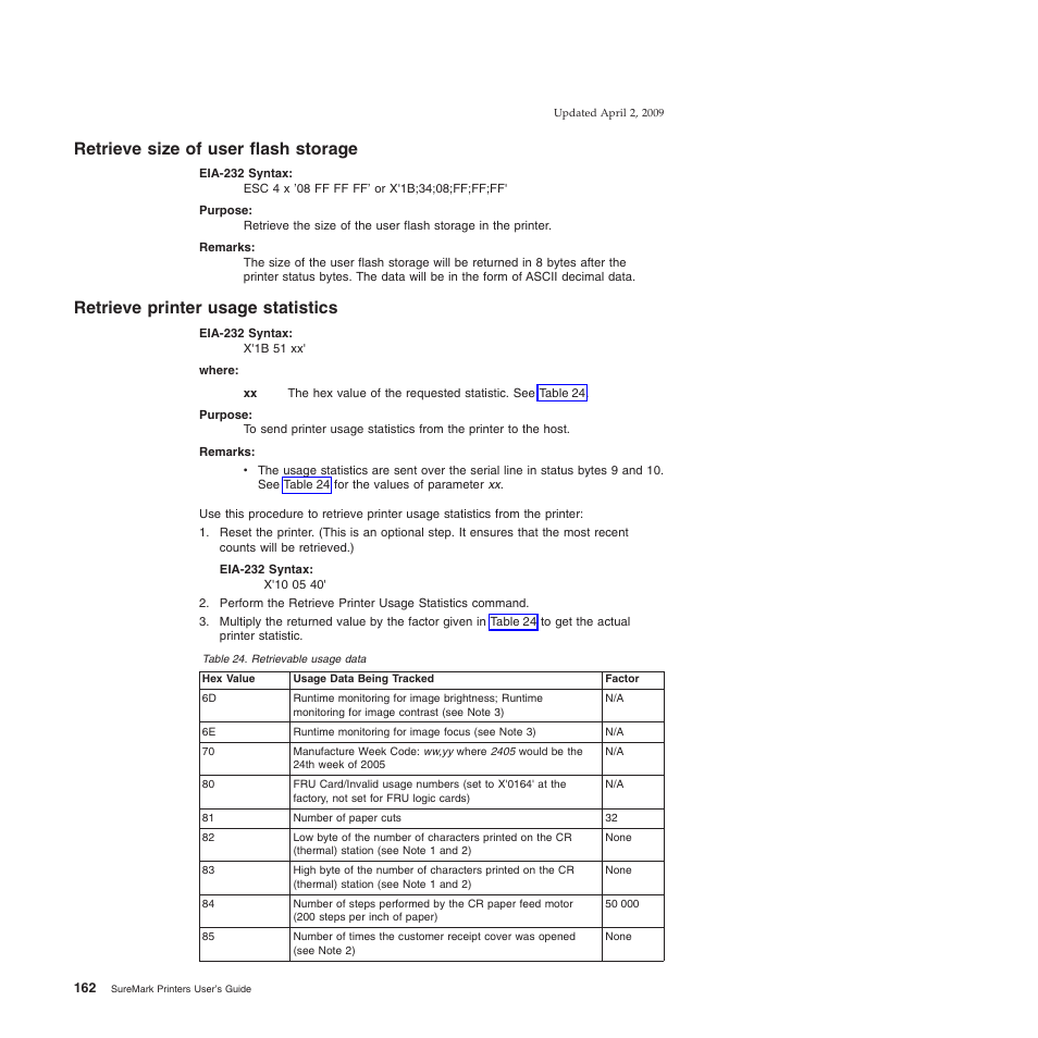 Retrieve size of user flash storage, Retrieve printer usage statistics, Retrievable usage data | IBM SUREMARK TI8 User Manual | Page 184 / 244