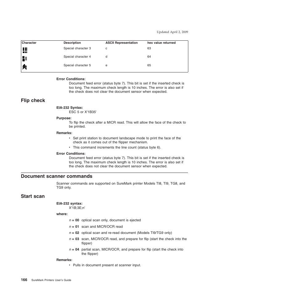 Flip check, Document scanner commands, Start scan | IBM SUREMARK TI8 User Manual | Page 188 / 244