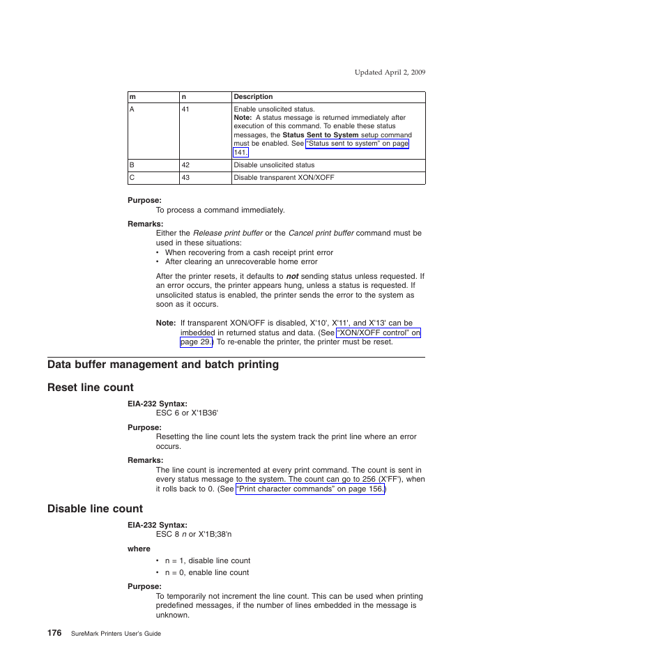 Data buffer management and batch printing, Reset line count, Disable line count | Reset line count disable line count | IBM SUREMARK TI8 User Manual | Page 198 / 244