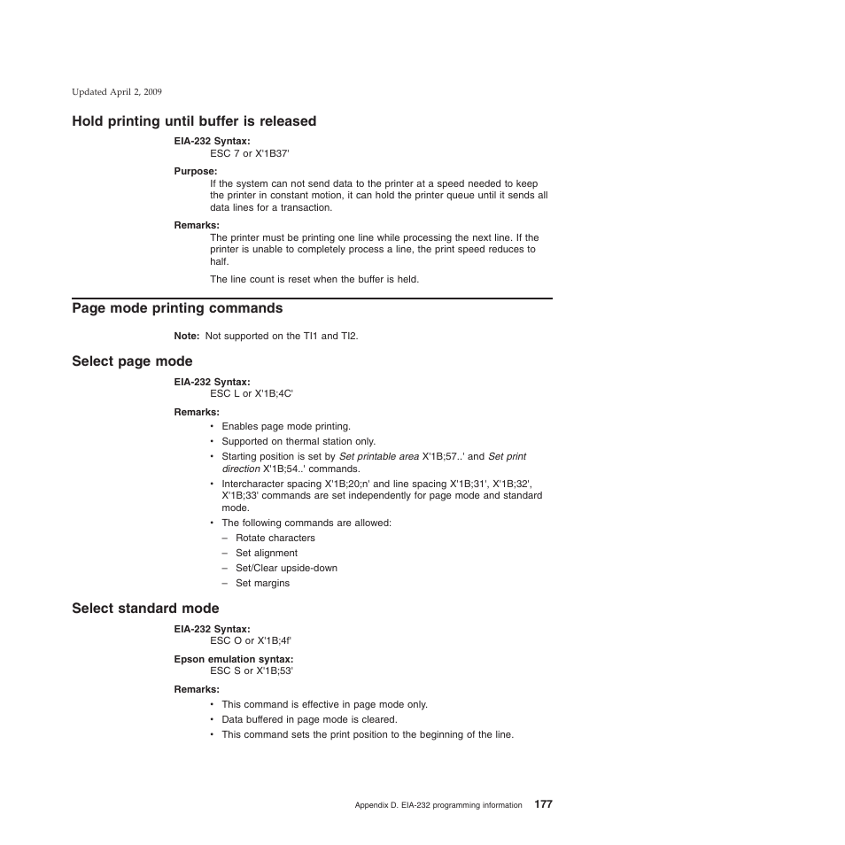 Hold printing until buffer is released, Select standard mode, Page mode printing commands | Select page mode | IBM SUREMARK TI8 User Manual | Page 199 / 244