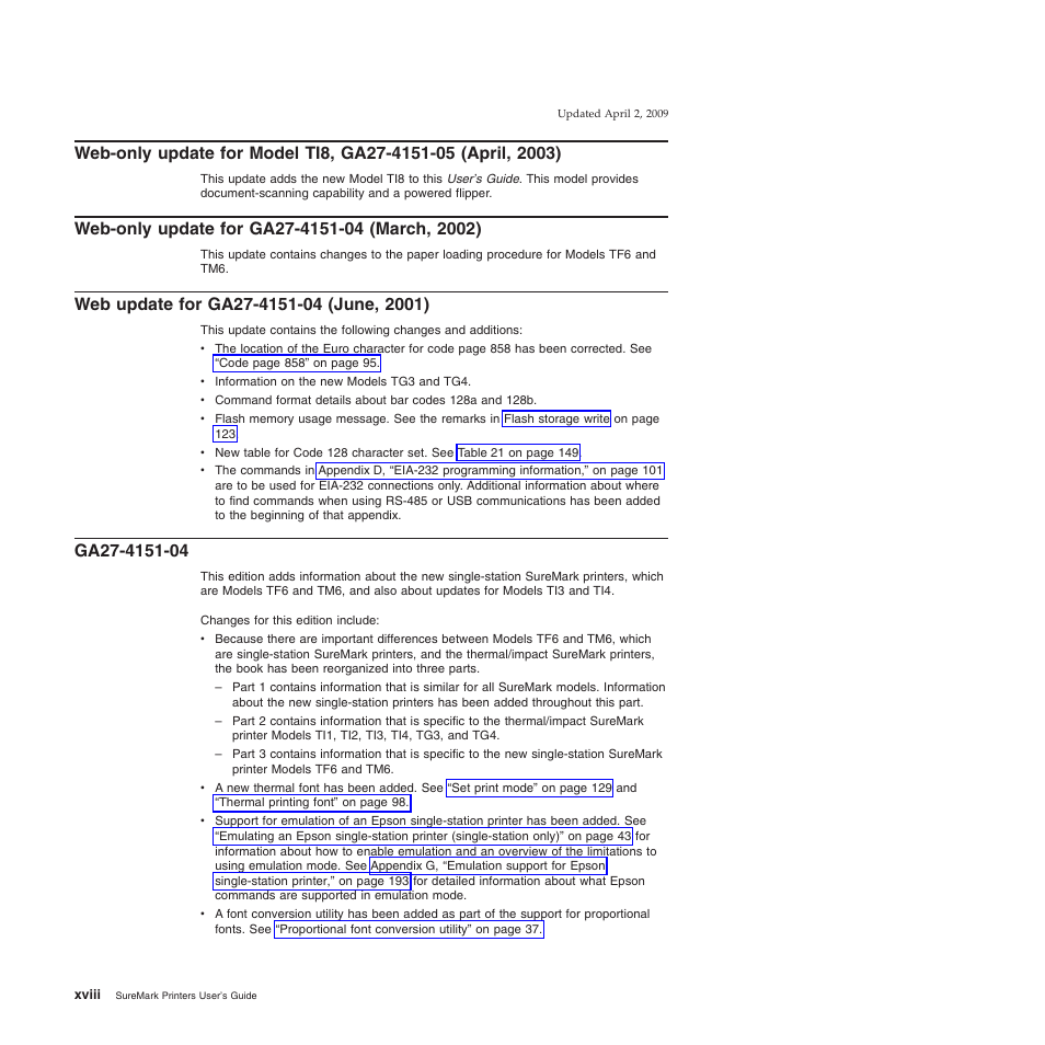 Web-only update for ga27-4151-04 (march, 2002), Web update for ga27-4151-04 (june, 2001), Ga27-4151-04 | Xviii | IBM SUREMARK TI8 User Manual | Page 20 / 244