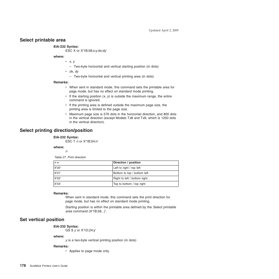 Select printable area, Select printing direction/position, Set vertical position | Print direction | IBM SUREMARK TI8 User Manual | Page 200 / 244