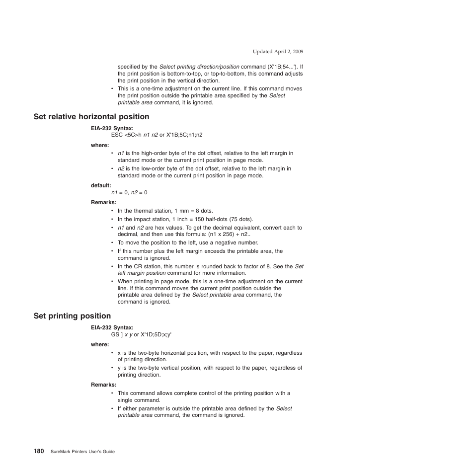 Set relative horizontal position, Set printing position | IBM SUREMARK TI8 User Manual | Page 202 / 244