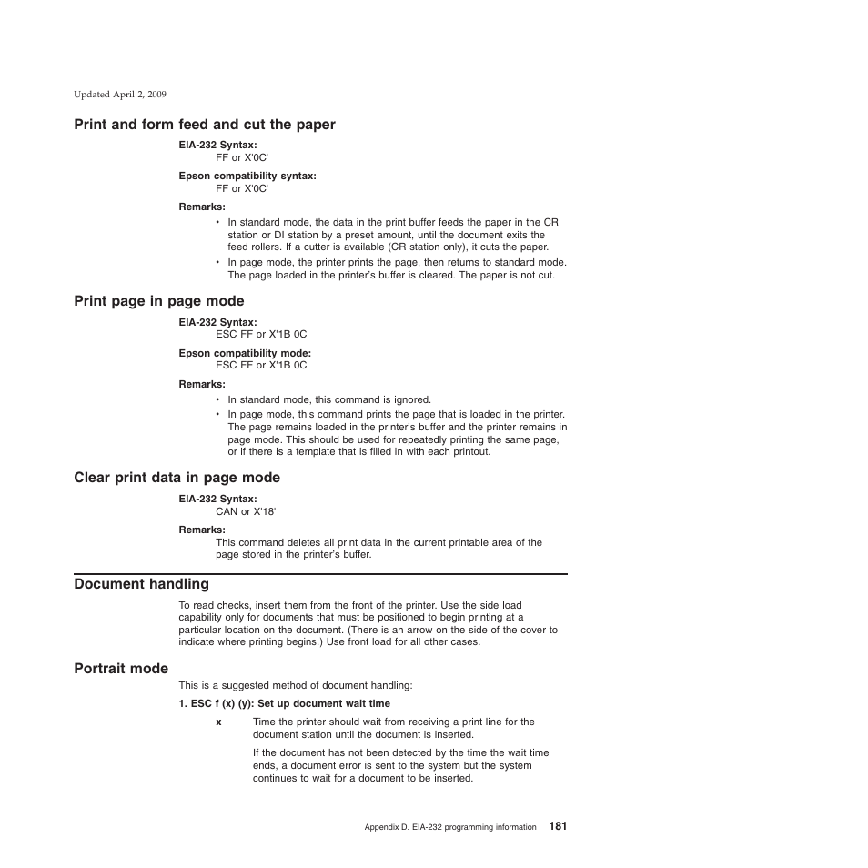 Print and form feed and cut the paper, Document handling, Portrait mode | Print page in page mode, Clear print data in page mode | IBM SUREMARK TI8 User Manual | Page 203 / 244