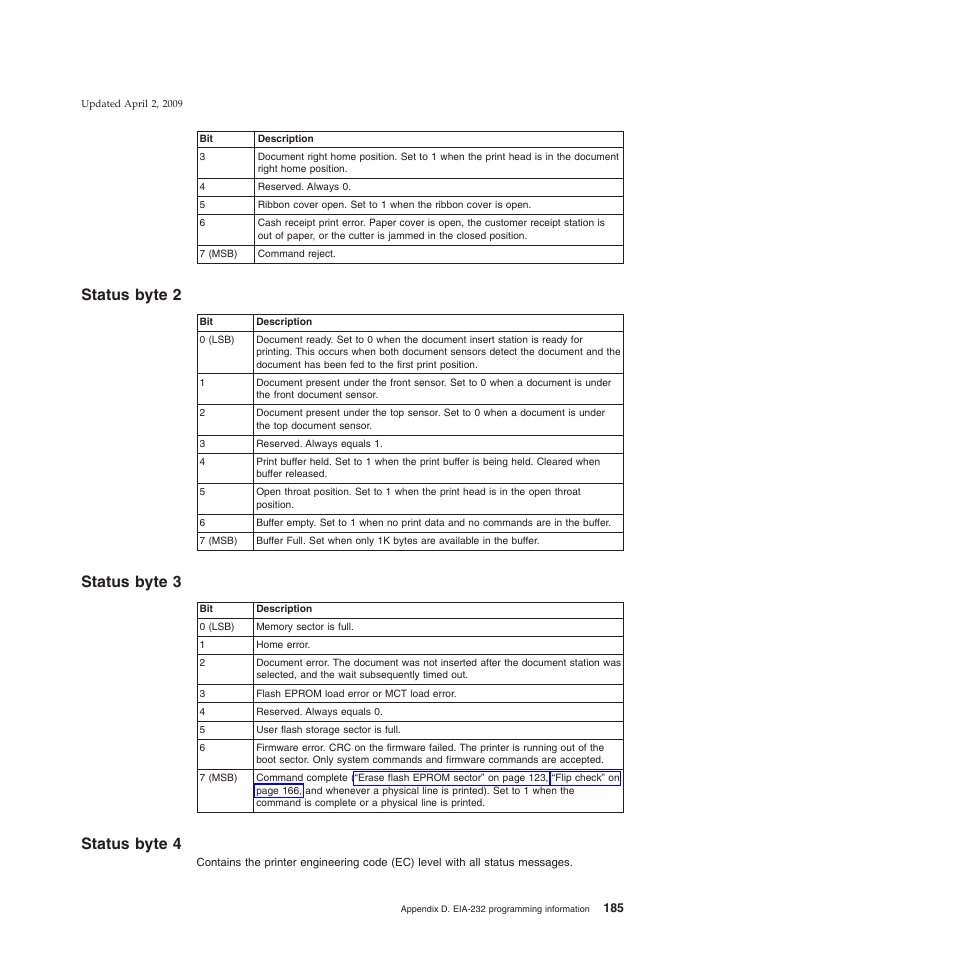 Status byte 2, Status byte 3, Status byte 4 | Status byte 2 status byte 3 status byte 4 | IBM SUREMARK TI8 User Manual | Page 207 / 244