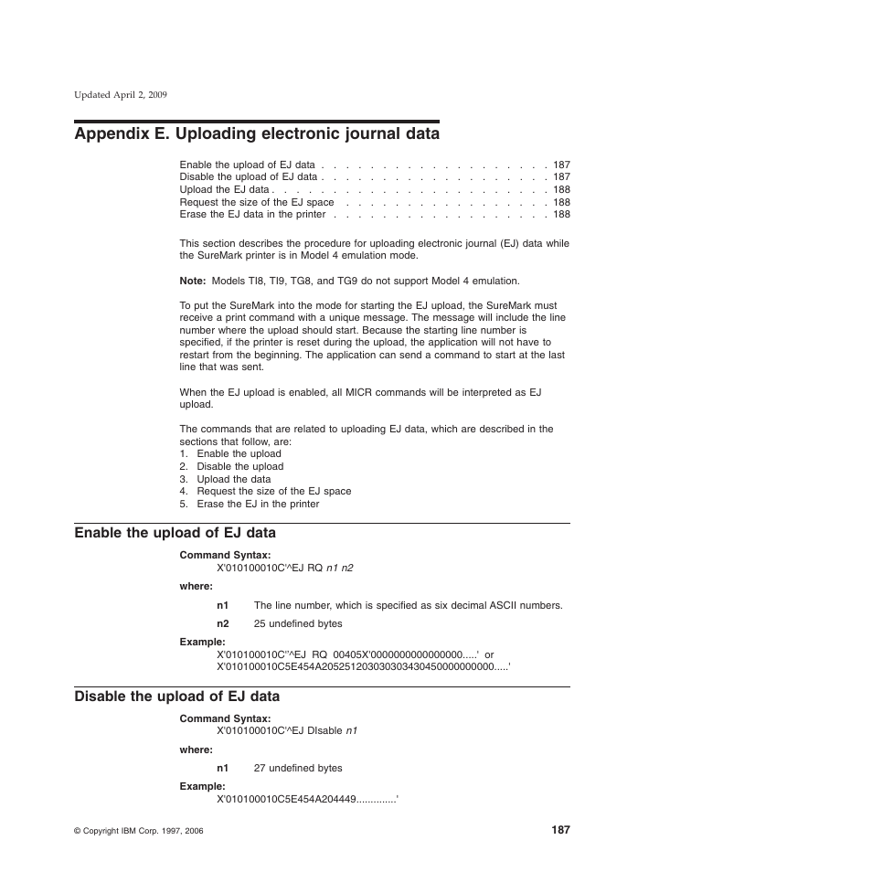 Appendix e. uploading electronic journal data, Enable the upload of ej data, Disable the upload of ej data | Appendix e, “uploading electronic journal data | IBM SUREMARK TI8 User Manual | Page 209 / 244