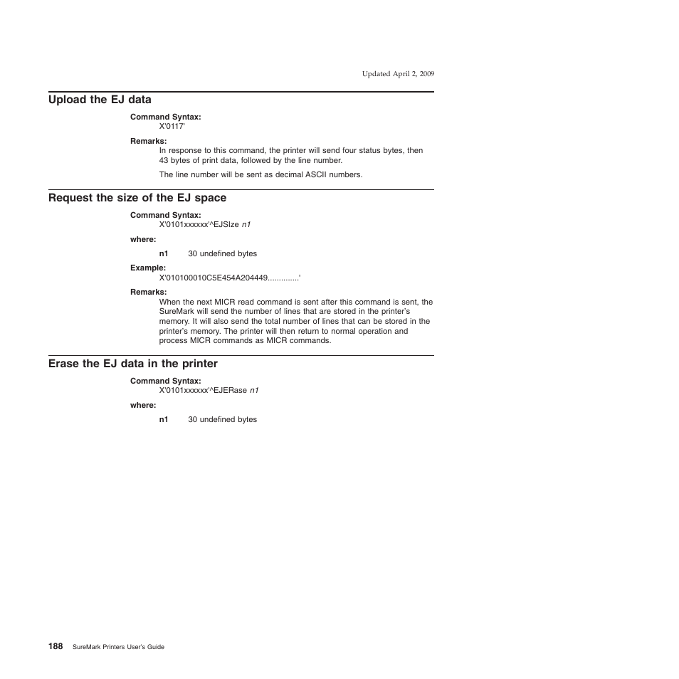 Upload the ej data, Request the size of the ej space, Erase the ej data in the printer | IBM SUREMARK TI8 User Manual | Page 210 / 244