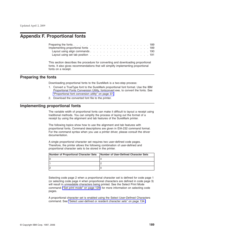 Appendix f. proportional fonts, Preparing the fonts, Implementing proportional fonts | Appendix f, “proportional fonts | IBM SUREMARK TI8 User Manual | Page 211 / 244