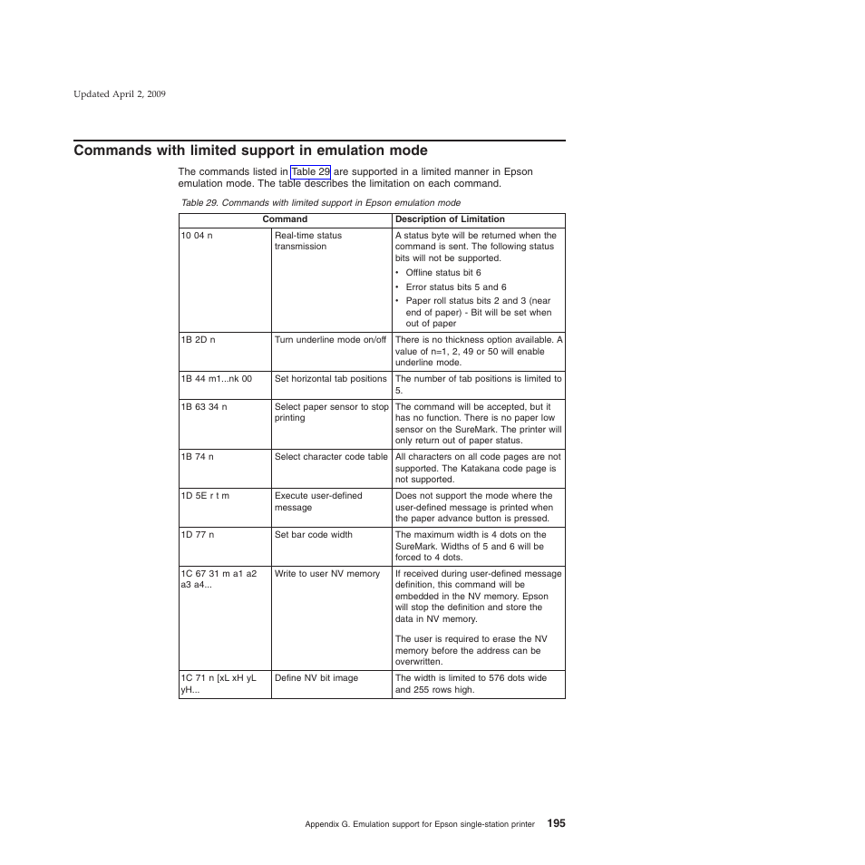 Commands with limited support in emulation mode | IBM SUREMARK TI8 User Manual | Page 217 / 244