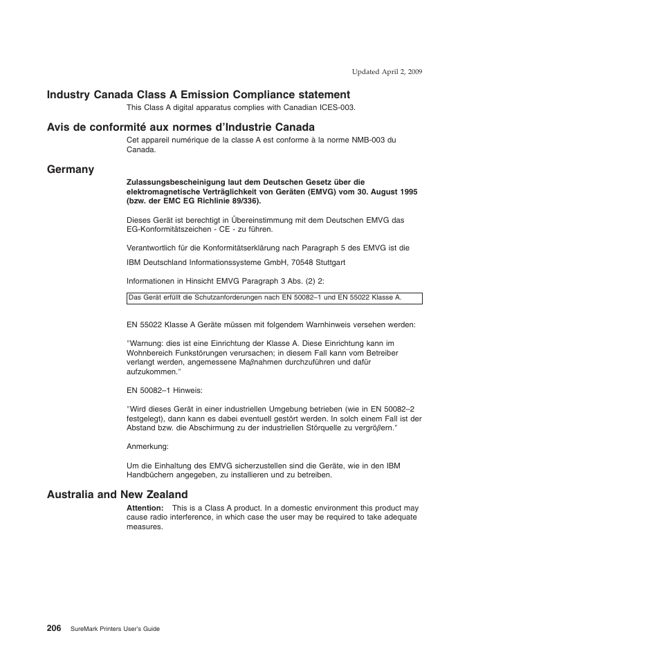 Avis de conformité aux normes d'industrie canada, Germany, Australia and new zealand | Avis de conformité aux normes d’industrie canada | IBM SUREMARK TI8 User Manual | Page 228 / 244