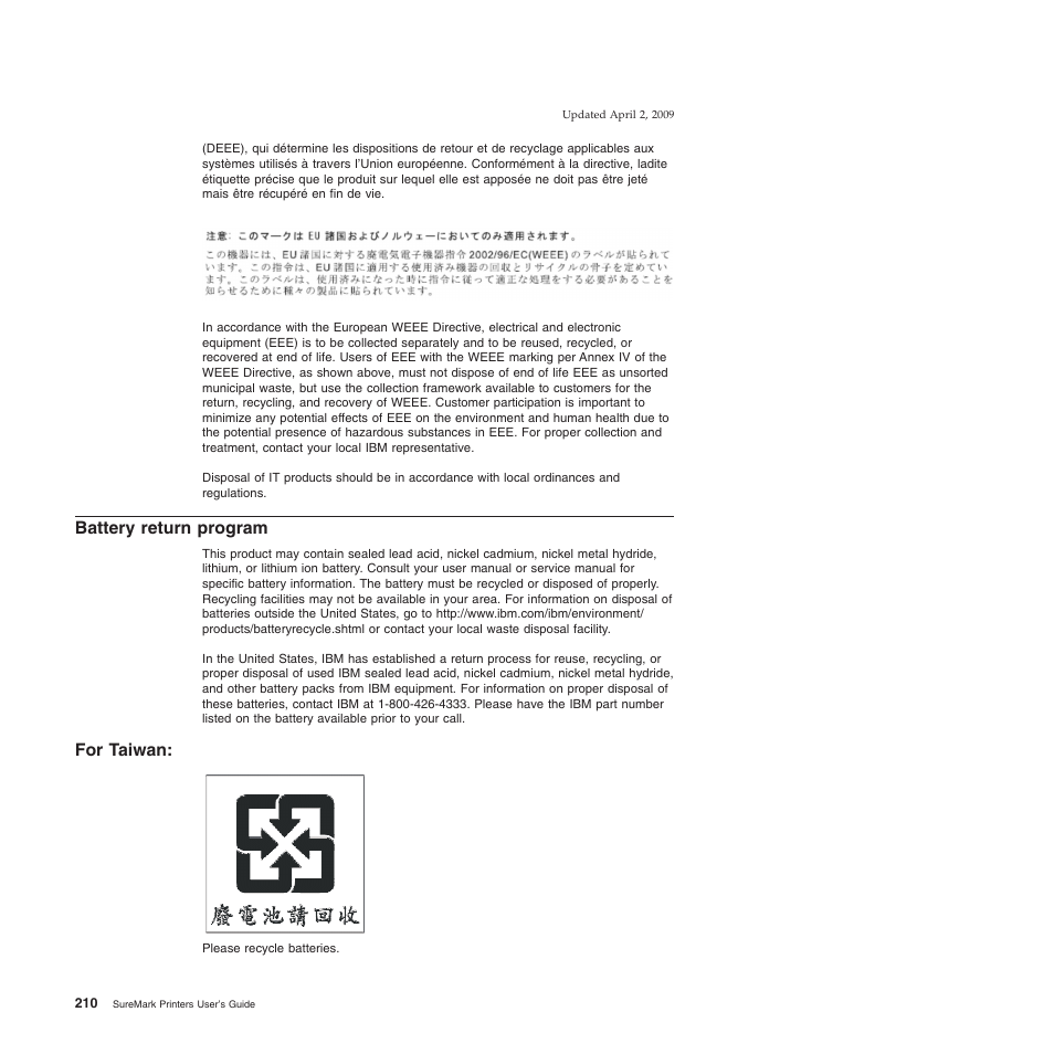 Battery return program, For taiwan | IBM SUREMARK TI8 User Manual | Page 232 / 244