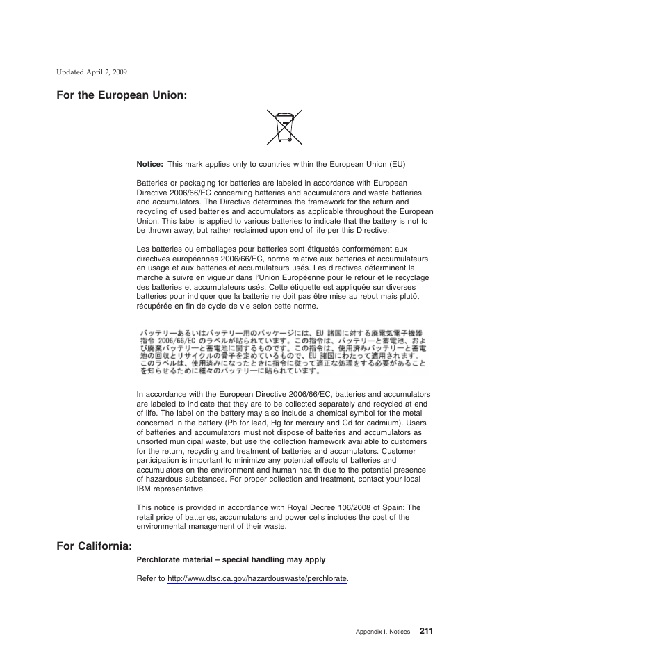 For the european union, For california, For the european union: for california | IBM SUREMARK TI8 User Manual | Page 233 / 244