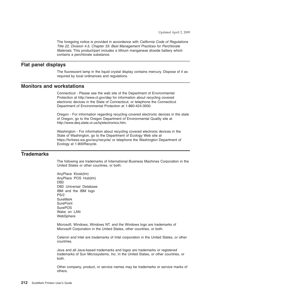 Flat panel displays, Monitors and workstations, Trademarks | IBM SUREMARK TI8 User Manual | Page 234 / 244