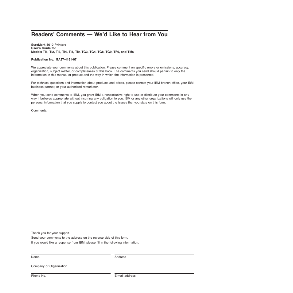 Readers’ comments — we'd like to hear from you, Readers’ comments — we’d like to hear from you | IBM SUREMARK TI8 User Manual | Page 241 / 244