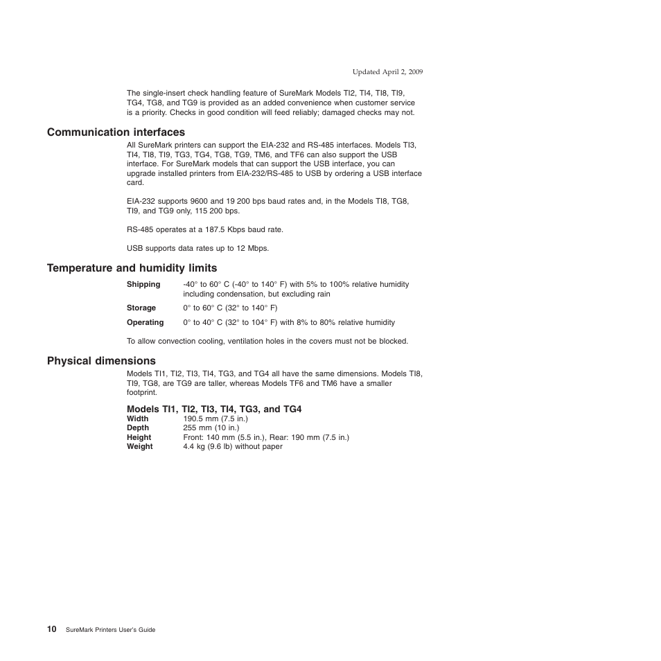 Communication interfaces, Temperature and humidity limits, Physical dimensions | Models ti1, ti2, ti3, ti4, tg3, and tg4 | IBM SUREMARK TI8 User Manual | Page 32 / 244