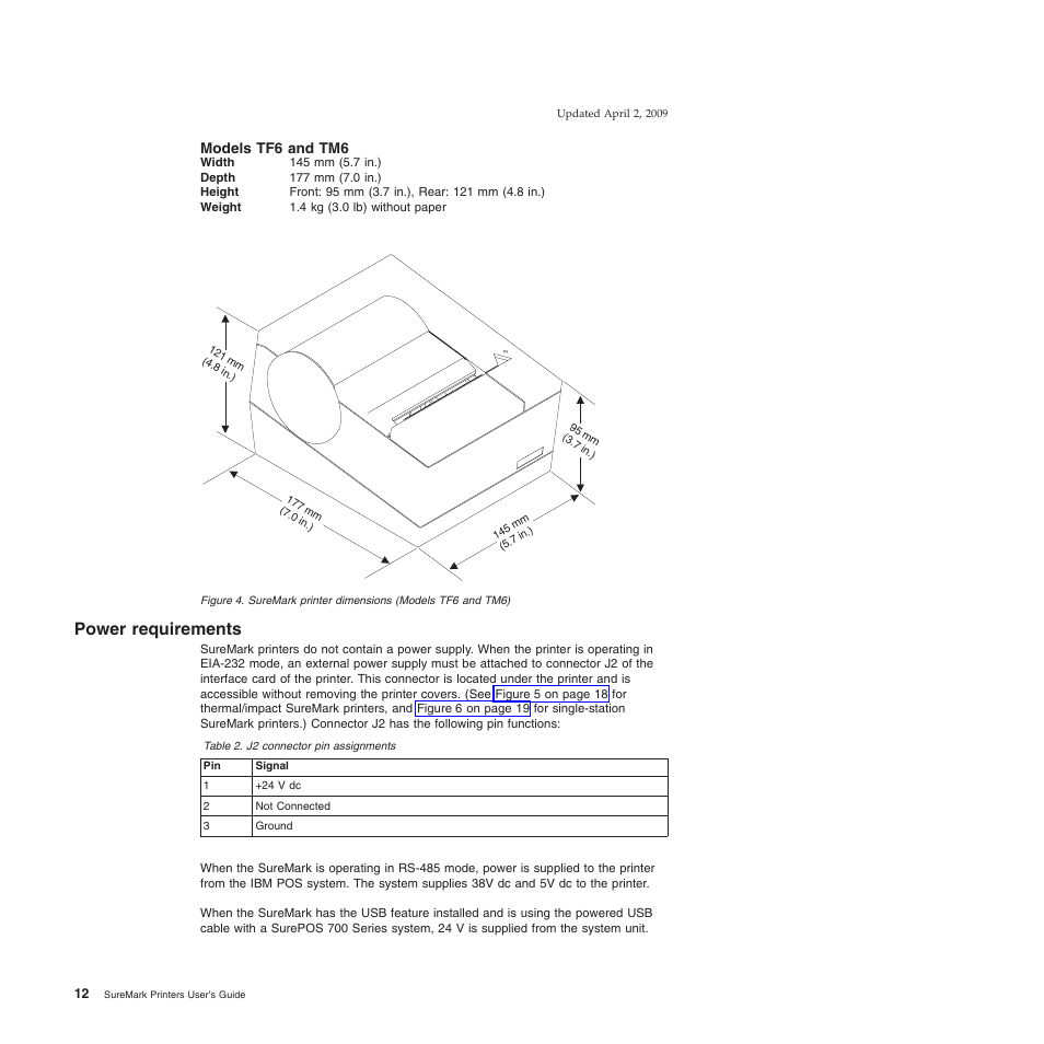 Models tf6 and tm6, Power requirements, Suremark printer dimensions (models tf6 and tm6) | J2 connector pin assignments | IBM SUREMARK TI8 User Manual | Page 34 / 244