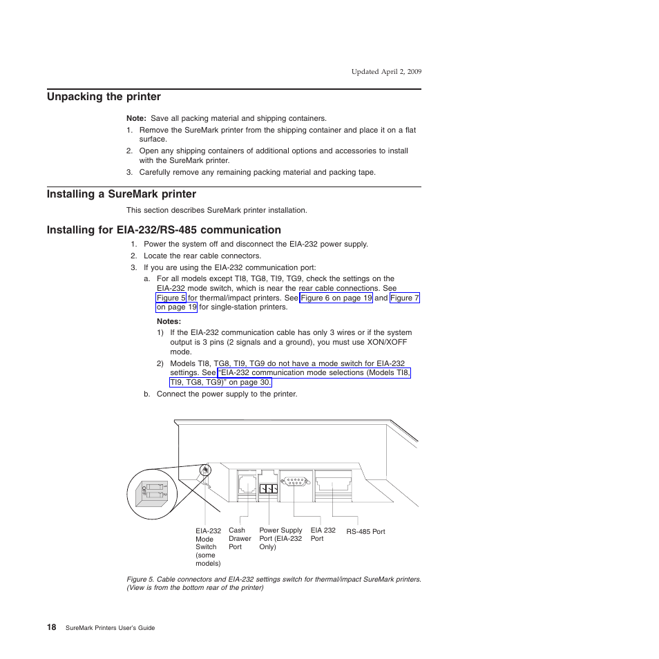 Unpacking the printer, Installing a suremark printer, Installing for eia-232/rs-485 communication | IBM SUREMARK TI8 User Manual | Page 40 / 244