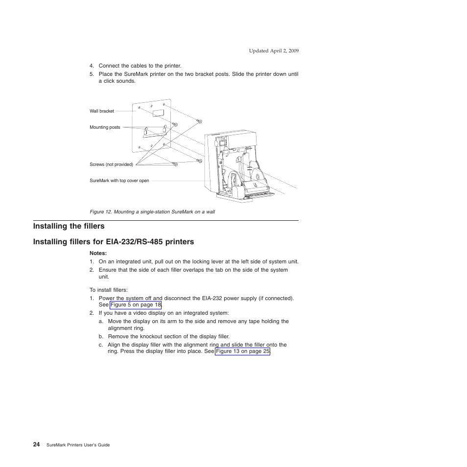 Installing the fillers, Installing fillers for eia-232/rs-485 printers, Mounting a single-station suremark on a wall | IBM SUREMARK TI8 User Manual | Page 46 / 244