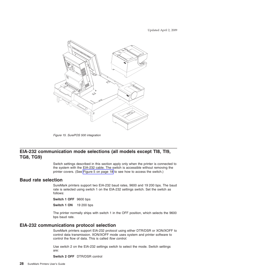 Baud rate selection, Eia-232 communications protocol selection, Surepos 500 integration | IBM SUREMARK TI8 User Manual | Page 50 / 244