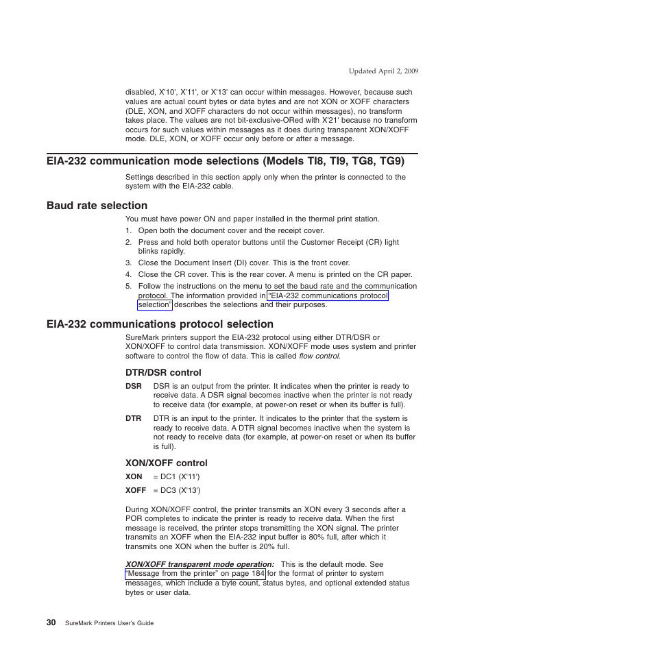 Baud rate selection, Eia-232 communications protocol selection, Dtr/dsr control | Xon/xoff control, Dtr/dsr control xon/xoff control | IBM SUREMARK TI8 User Manual | Page 52 / 244