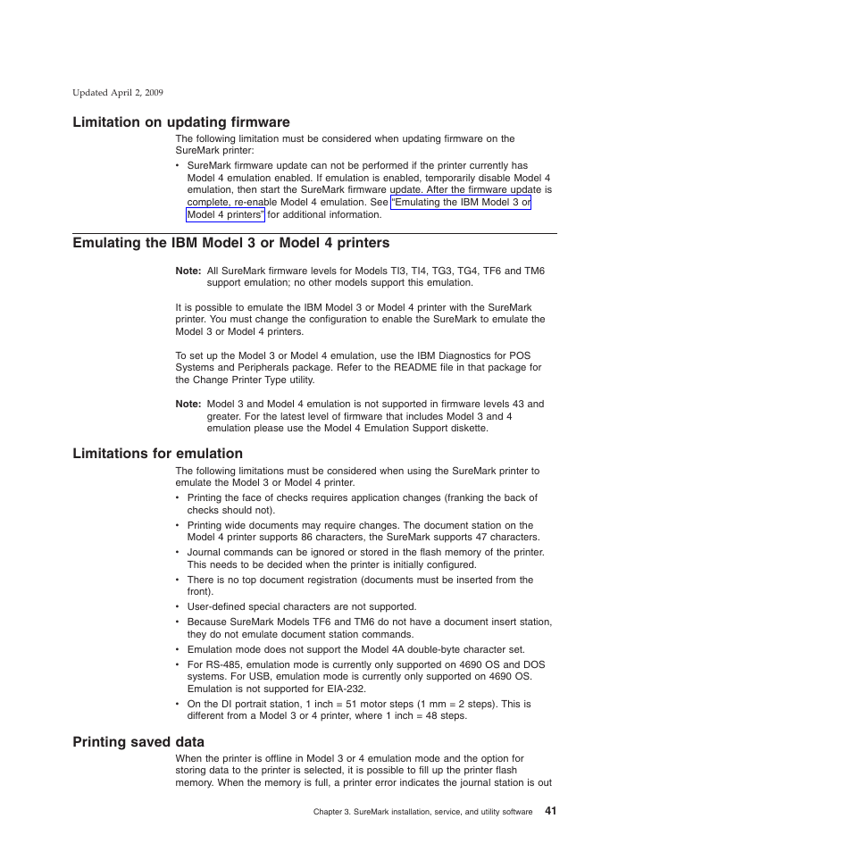 Limitation on updating firmware, Emulating the ibm model 3 or model 4 printers, Limitations for emulation | Printing saved data, Limitations for emulation printing saved data | IBM SUREMARK TI8 User Manual | Page 63 / 244