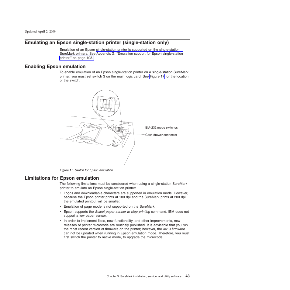 Enabling epson emulation, Limitations for epson emulation, Switch for epson emulation | IBM SUREMARK TI8 User Manual | Page 65 / 244