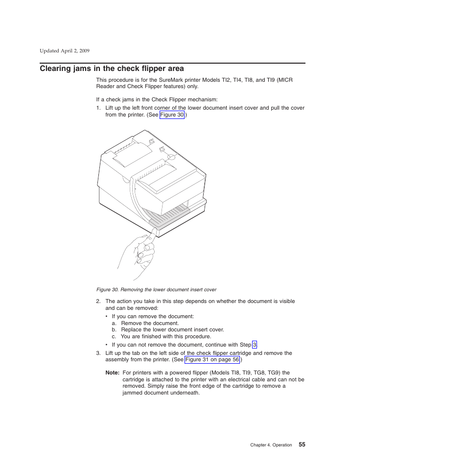Clearing jams in the check flipper area, Removing the lower document insert cover | IBM SUREMARK TI8 User Manual | Page 77 / 244