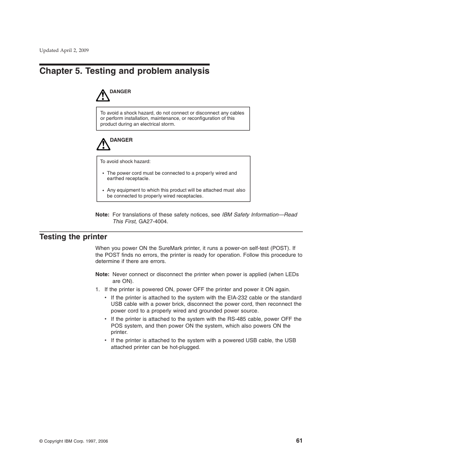 Chapter 5. testing and problem analysis, Testing the printer, Chapter 5, “testing and problem analysis | IBM SUREMARK TI8 User Manual | Page 83 / 244