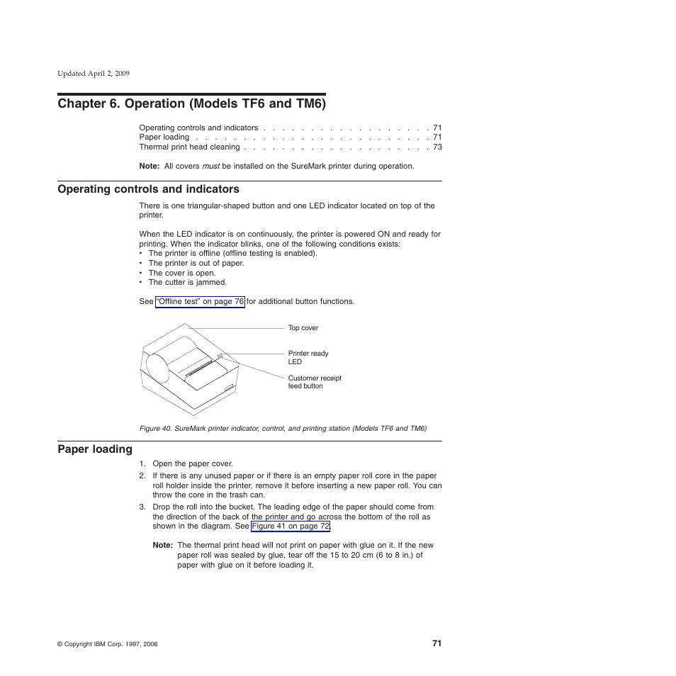 Chapter 6. operation (models tf6 and tm6), Operating controls and indicators, Paper loading | Chapter 6, “operation (models tf6 and tm6) | IBM SUREMARK TI8 User Manual | Page 93 / 244