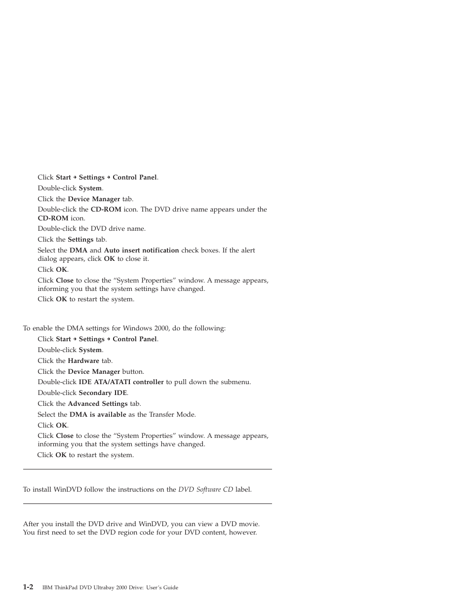 Enabling dma settings for windows 2000, Installing windvd, Viewing a dvd movie | IBM ULTRABAY 2000 User Manual | Page 10 / 62