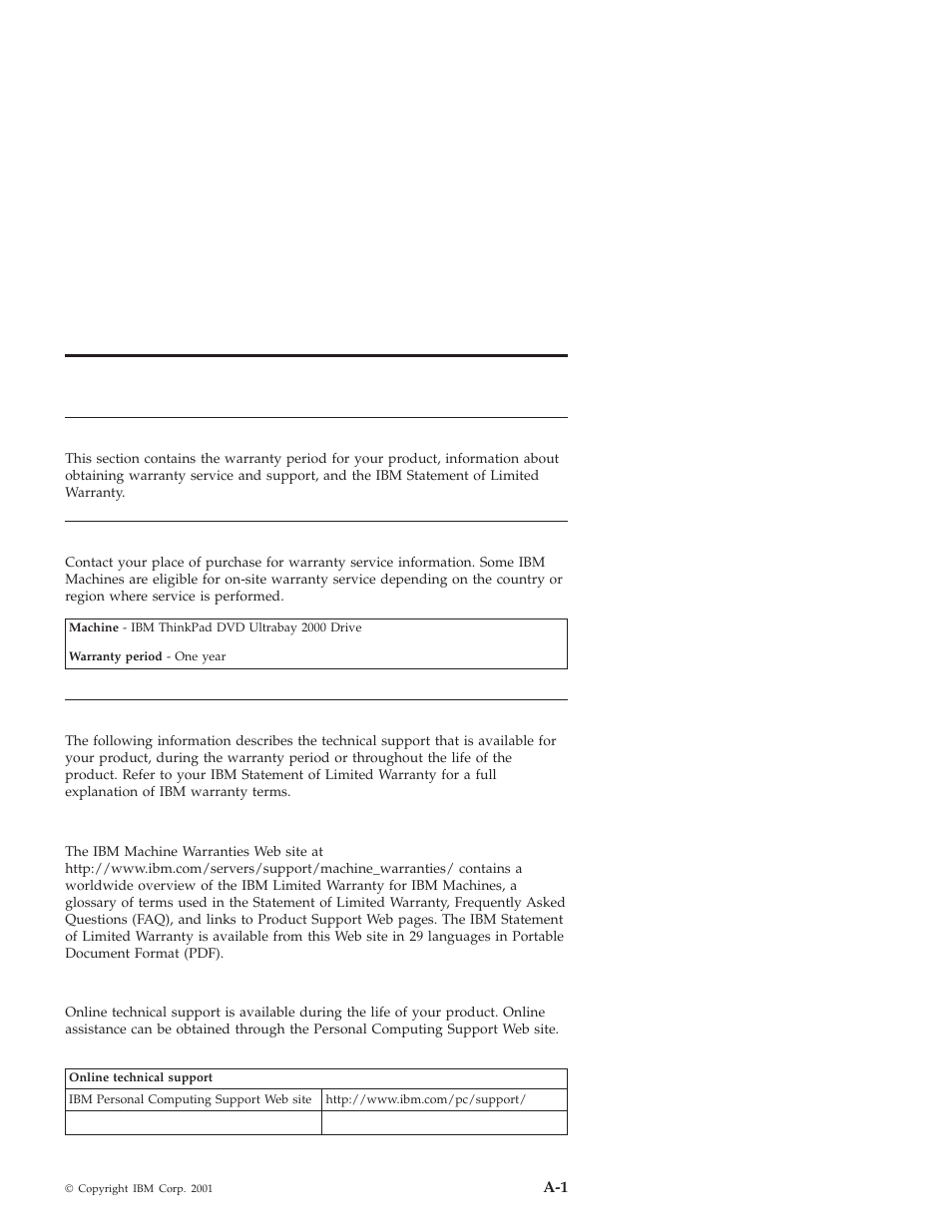 Warranty information, Warranty period, Service and support | Warranty information on the world wide web, Online technical support | IBM ULTRABAY 2000 User Manual | Page 41 / 62