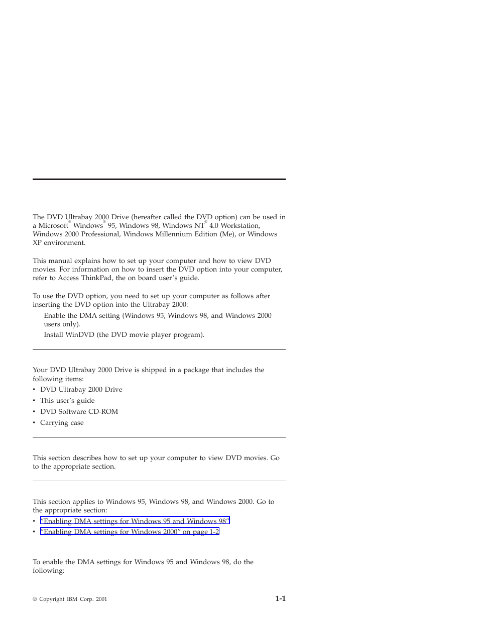 Part 1. about the dvd ultrabay 2000 drive, Checking the items, Setting up your computer | Enabling the dma setting | IBM ULTRABAY 2000 User Manual | Page 9 / 62