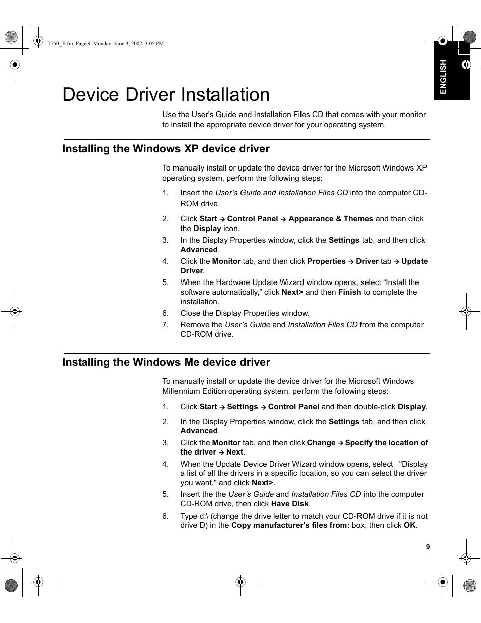 Device driver installation, Installing the windows xp device driver, Installing the windows me device driver | IBM T750 User Manual | Page 11 / 35