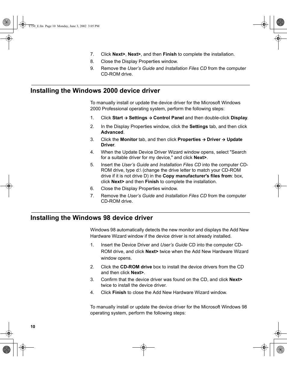 Installing the windows 2000 device driver, Installing the windows 98 device driver | IBM T750 User Manual | Page 12 / 35