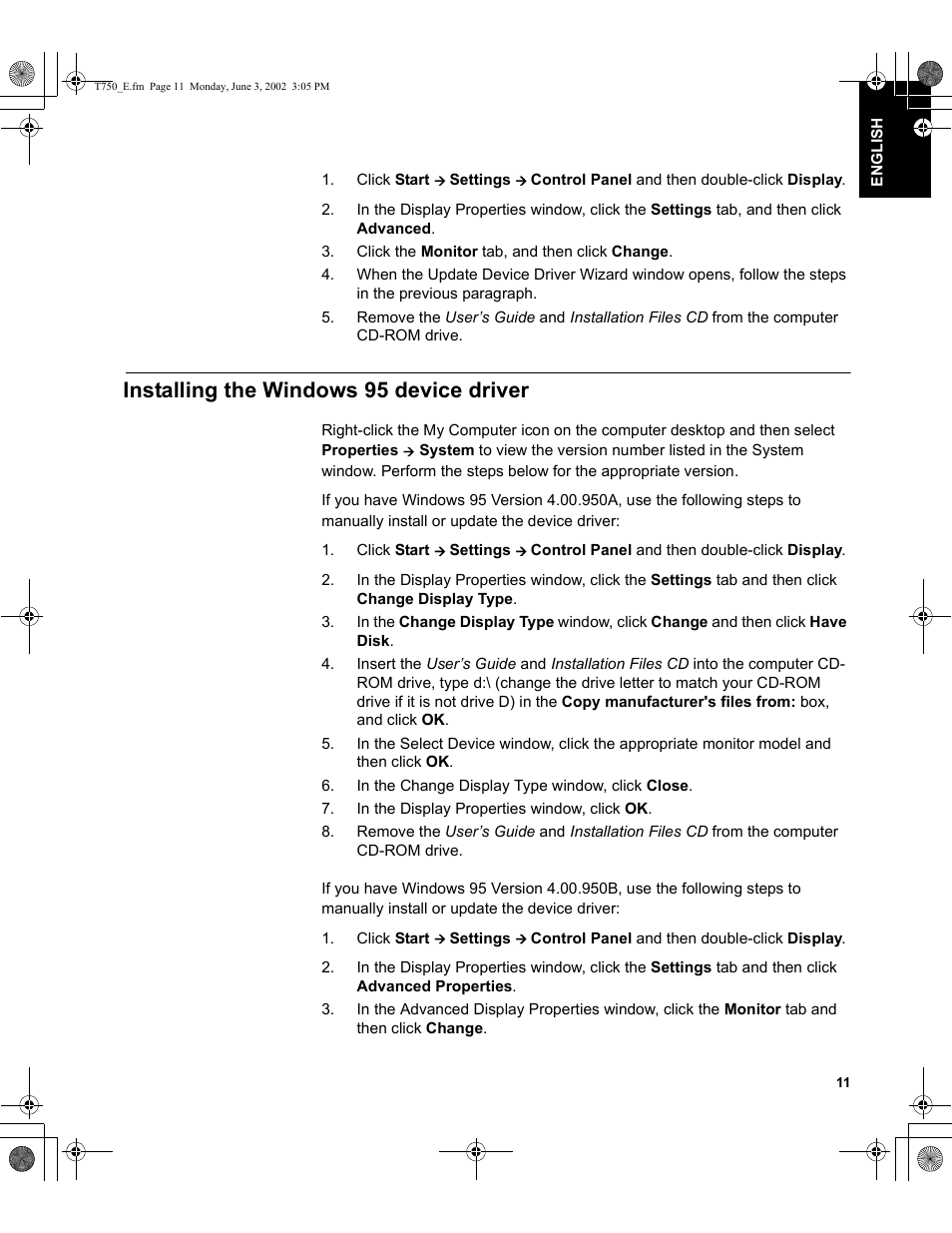 Installing the windows 95 device driver | IBM T750 User Manual | Page 13 / 35