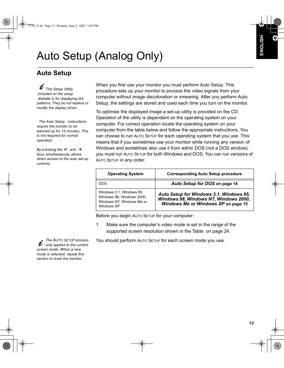 Auto setup (analog only), Auto setup | IBM T750 User Manual | Page 15 / 35
