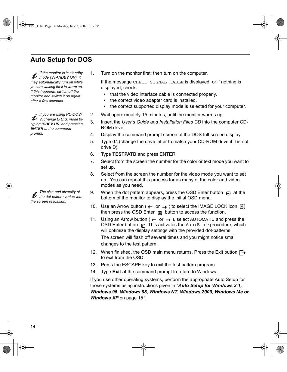 Auto setup for dos | IBM T750 User Manual | Page 16 / 35