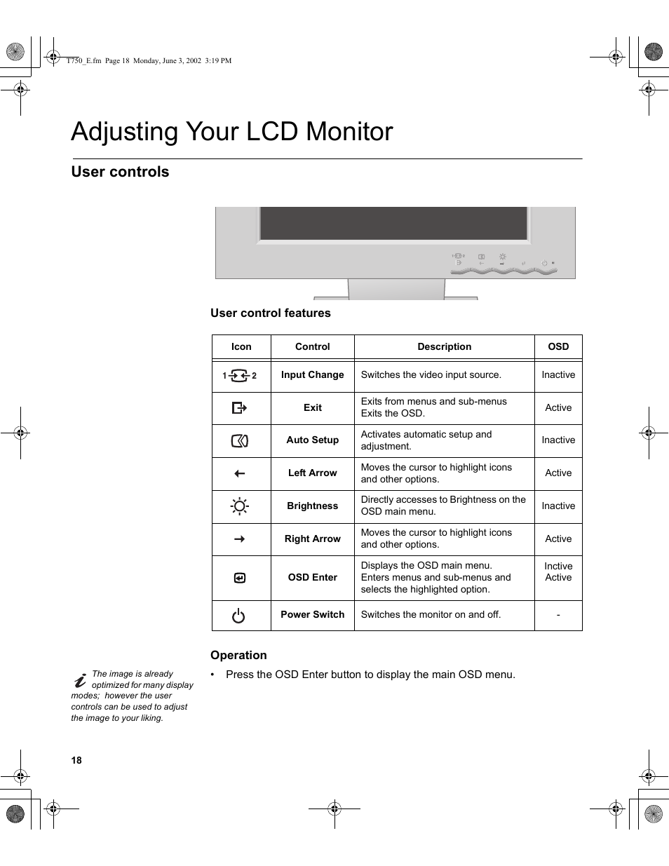 Adjusting your lcd monitor, User controls | IBM T750 User Manual | Page 20 / 35