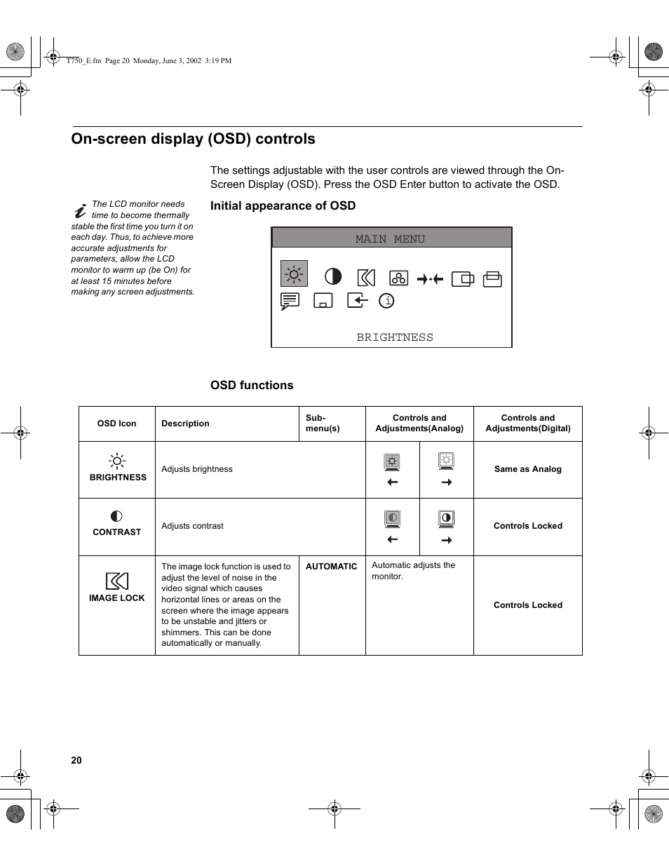On-screen display (osd) controls, Ibrightness main menu, Initial appearance of osd osd functions | IBM T750 User Manual | Page 22 / 35