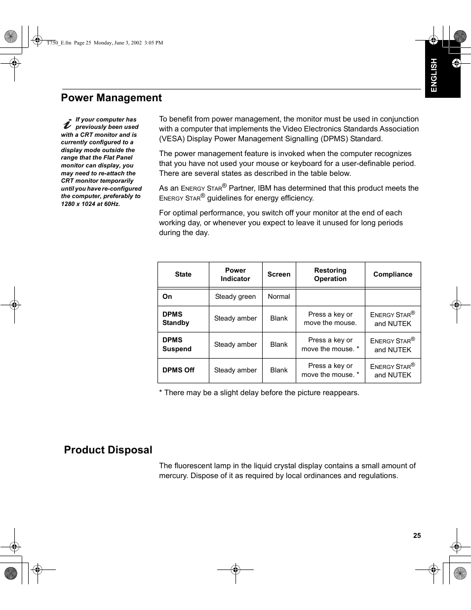 Power management, Product disposal | IBM T750 User Manual | Page 27 / 35