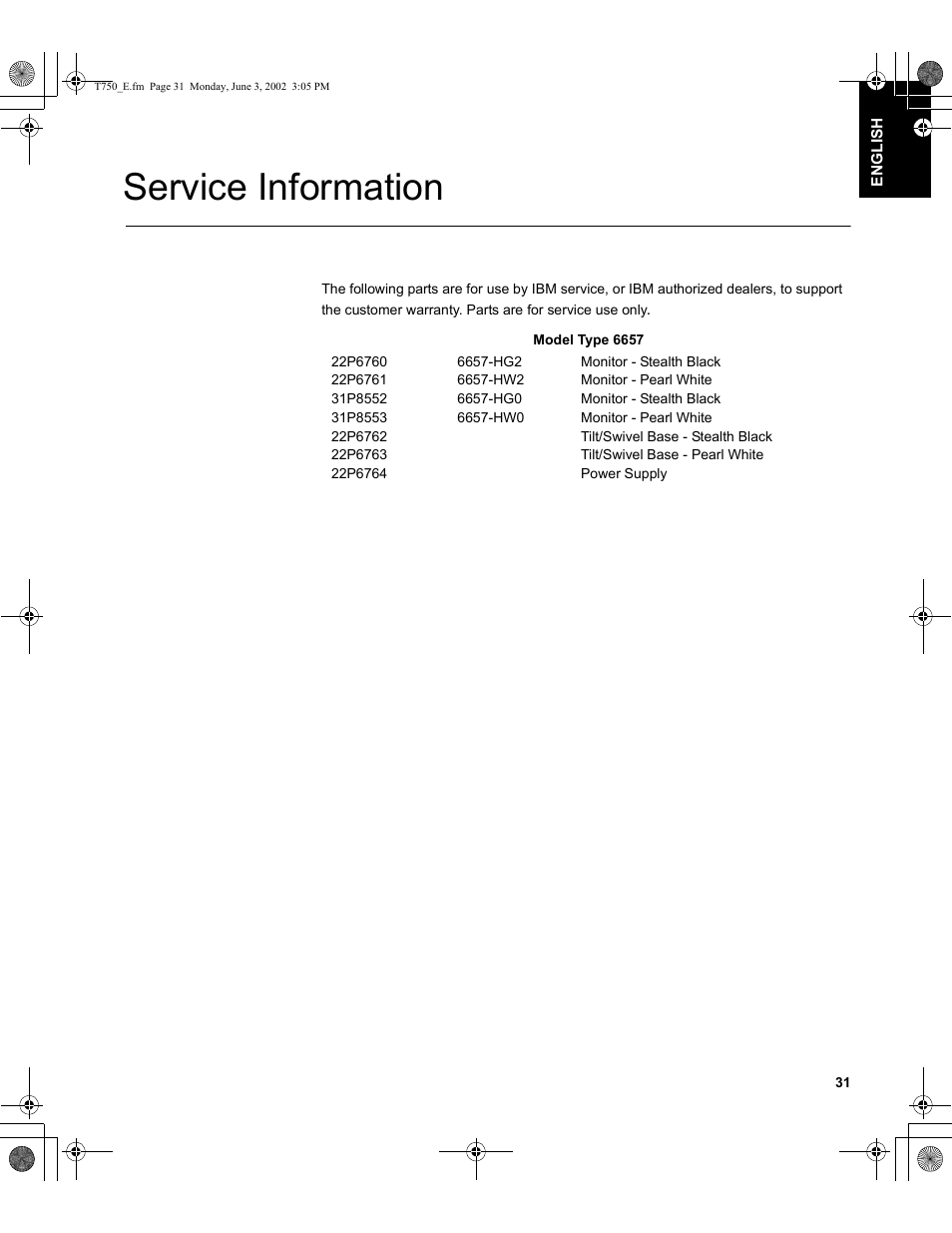 Service information | IBM T750 User Manual | Page 33 / 35