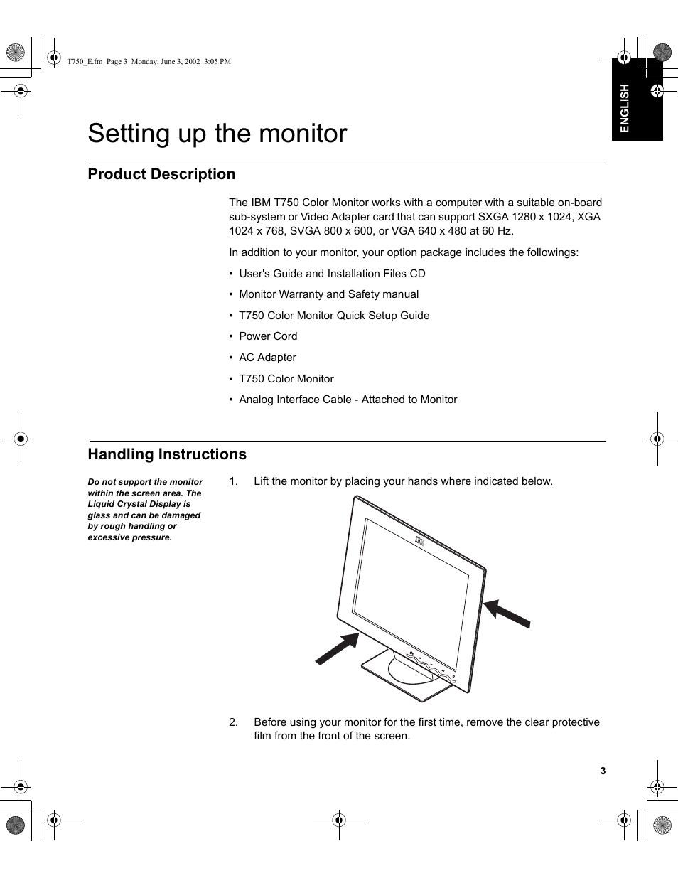 Setting up the monitor, Product description, Handling instructions | IBM T750 User Manual | Page 5 / 35