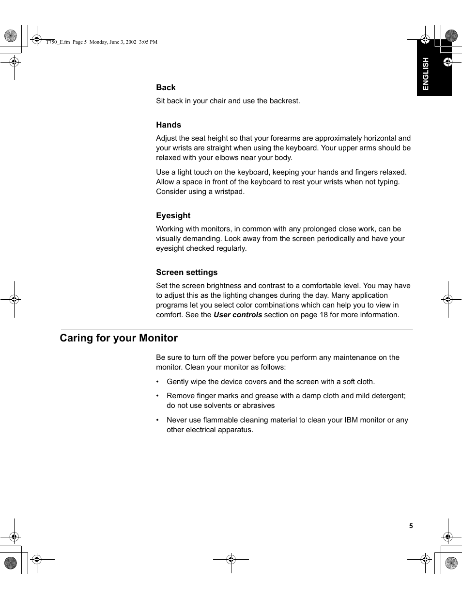 Caring for your monitor | IBM T750 User Manual | Page 7 / 35
