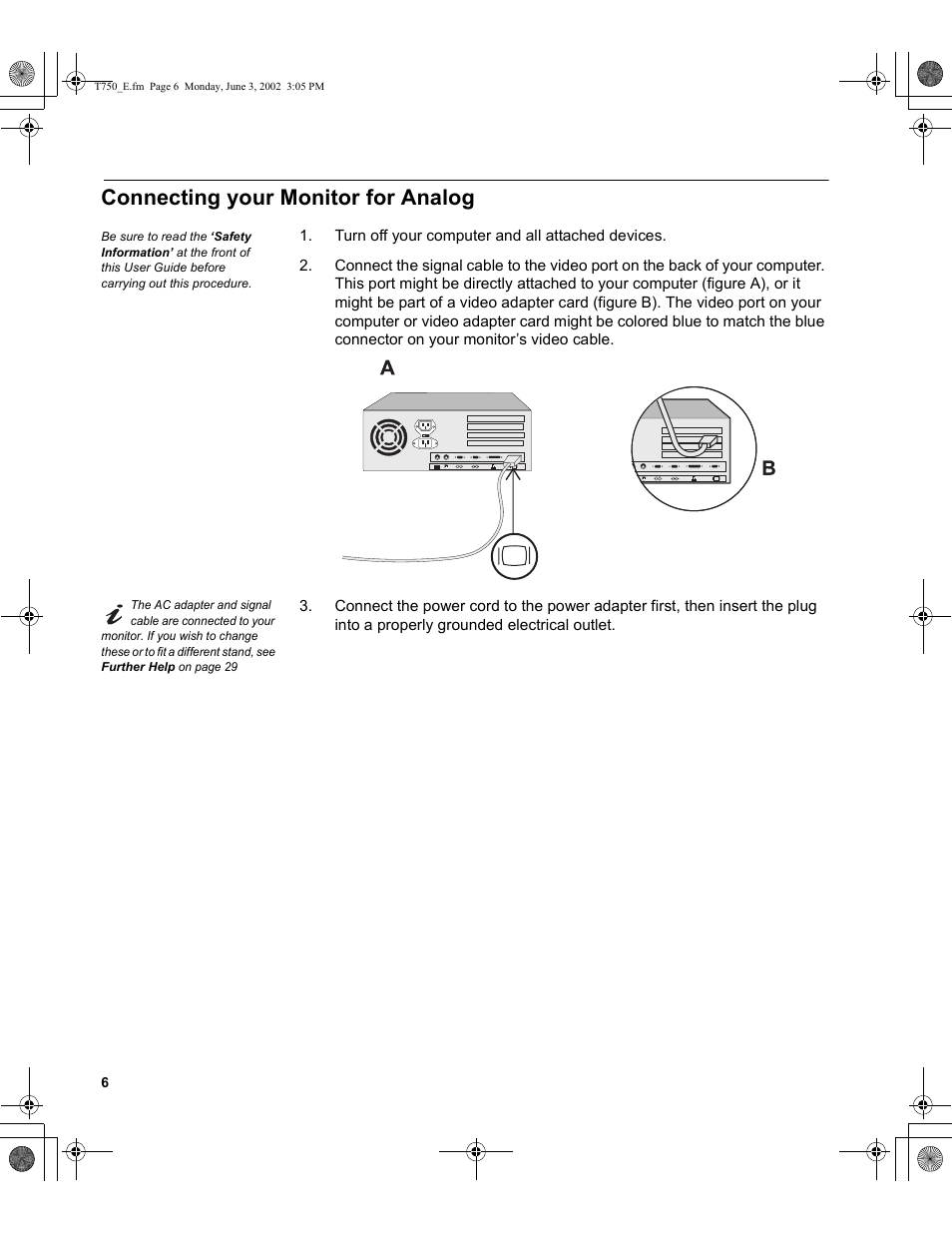 Connecting your monitor for analog | IBM T750 User Manual | Page 8 / 35