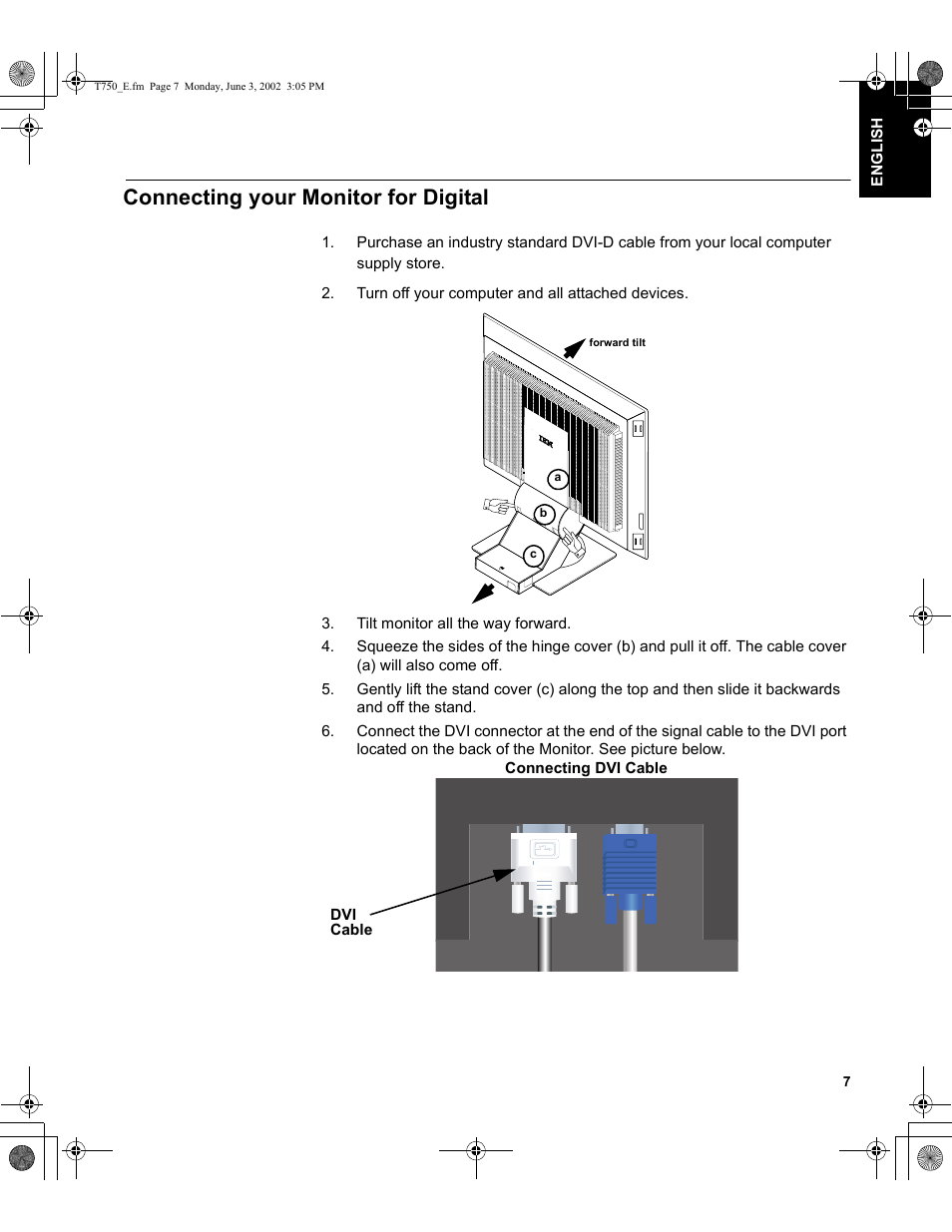 Connecting your monitor for digital | IBM T750 User Manual | Page 9 / 35