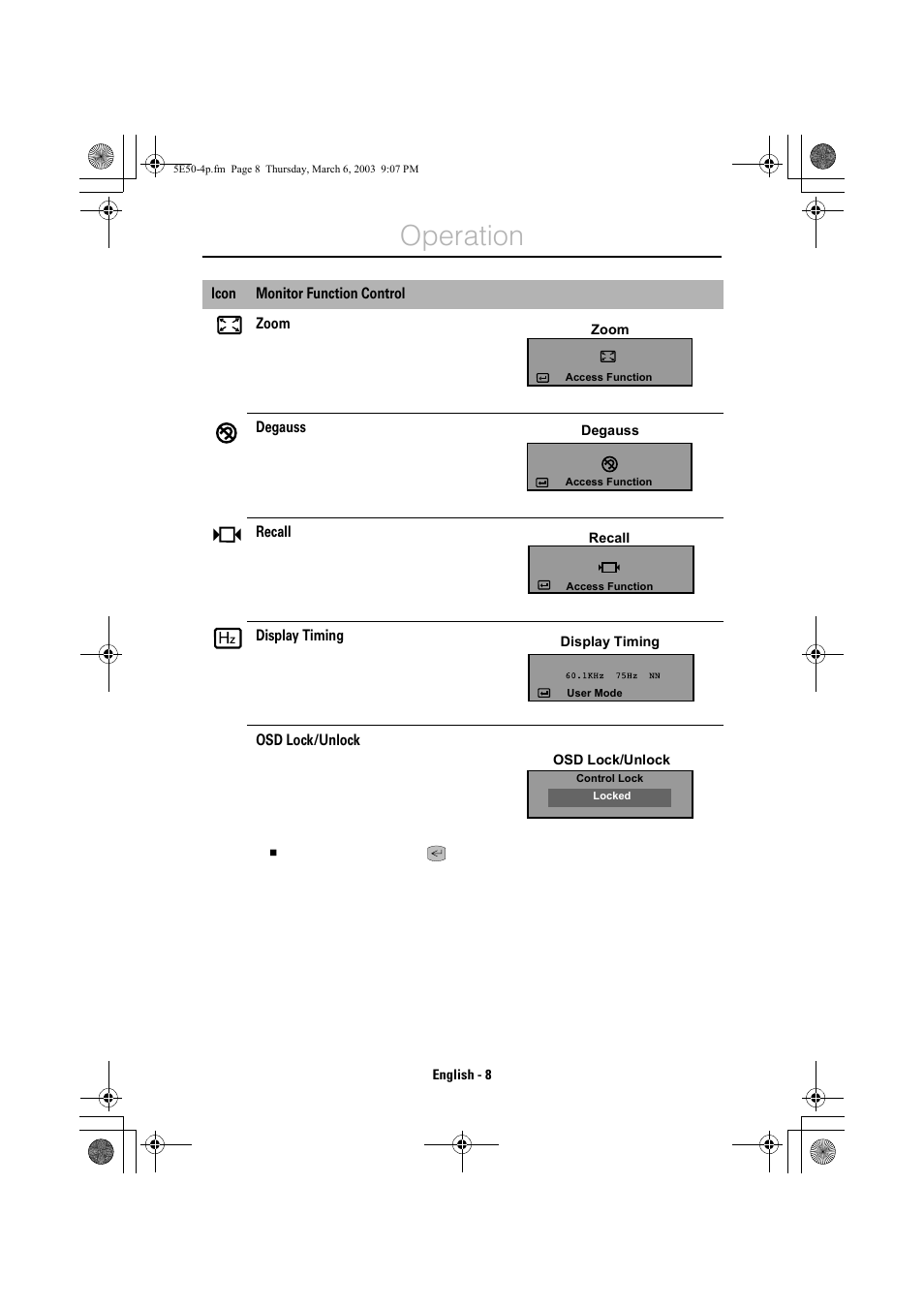 Zoom, Degauss, Recall | Display timing, Osd lock/unlock, Operation | IBM E50 User Manual | Page 11 / 15