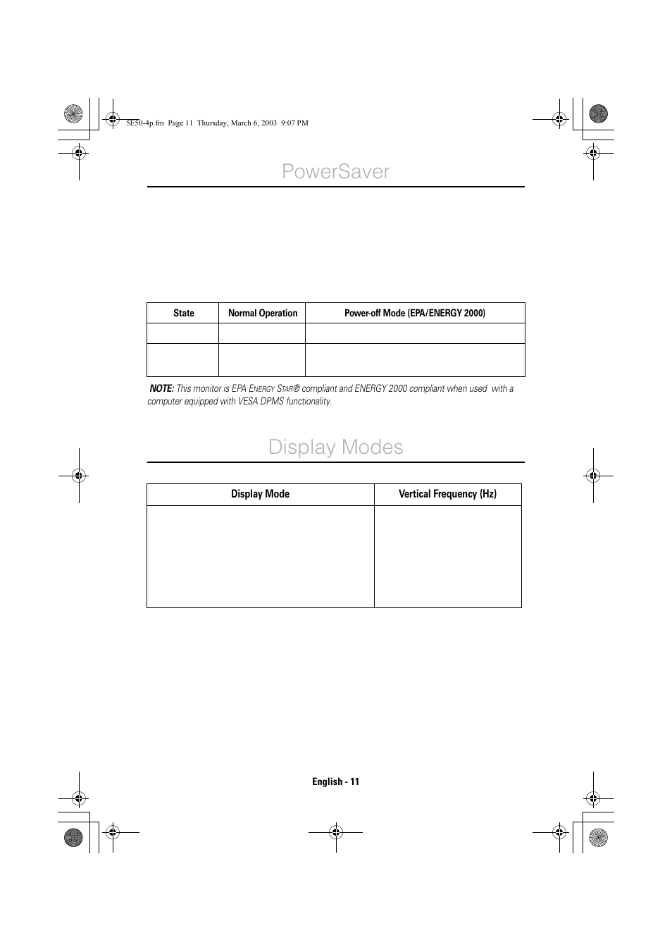 Powersaver, Display modes | IBM E50 User Manual | Page 14 / 15